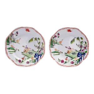 English Porcelain Chinoiserie Bone China Plates, Boy & Buffalo Pattern, Probably Miles Mason