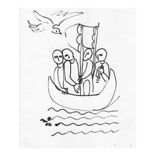 1940s Helen Malta Four Men in a Boat Drawing For Sale