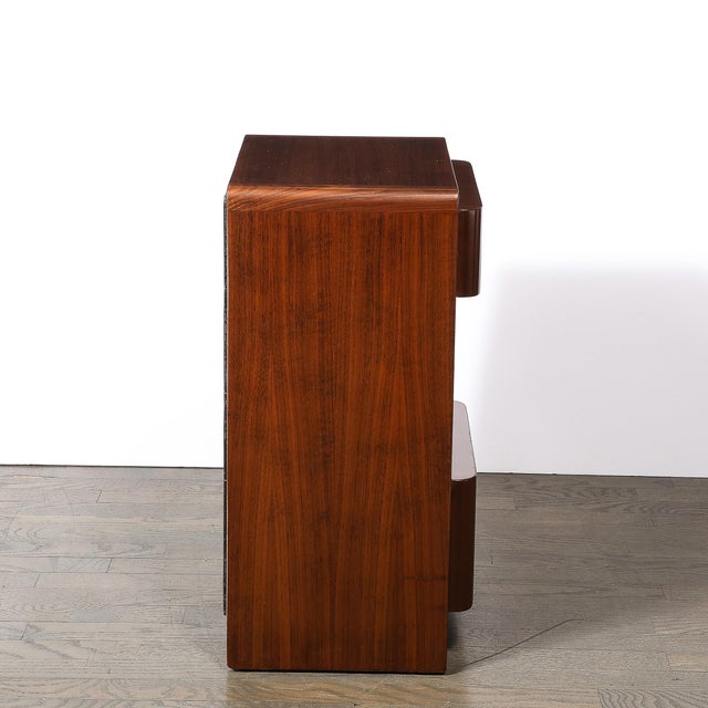 Pair of Art Deco Nightstands in Book-Matched Walnut With Black Lacquer Accents For Sale - Image 10 of 11