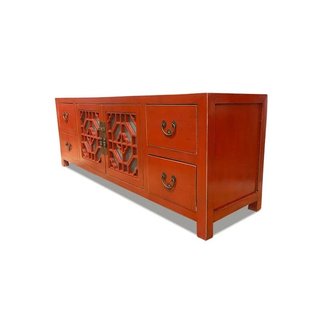 1980s Asian Modern West Lake Tv Cabinet-Red For Sale - Image 4 of 5