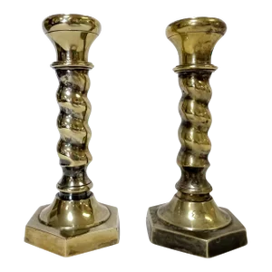 1970's William Adams 7" High Brass Plated Barley Twist Candlesticks Made in India- a Pair