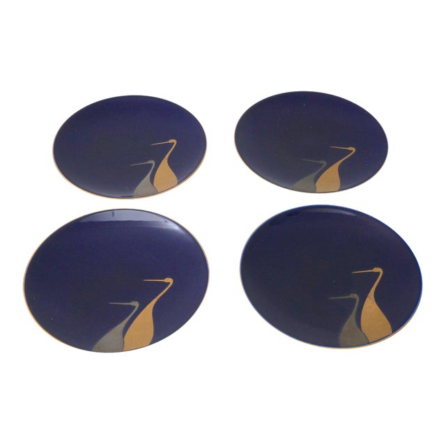 Signed Plates Blue & Gold Colors Crane Motif Japan - Set of 4 For Sale