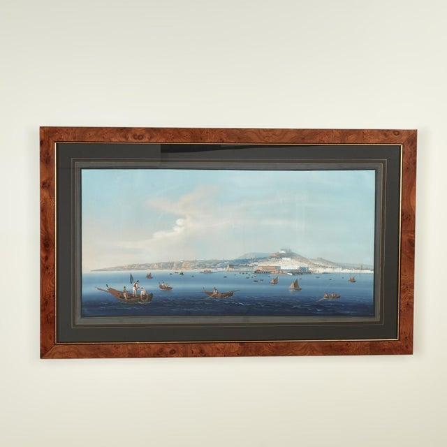 Lofty pair of gouache paintings on paper both painted in Naples with a view of the bay with boats and figures against the...