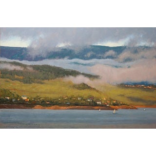 Morning Melody by Warren Neary | Oil Painting of a serene landscape with hills and water For Sale