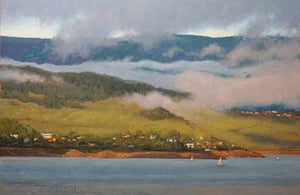 Morning Melody by Warren Neary | Oil Painting of a serene landscape with hills and water