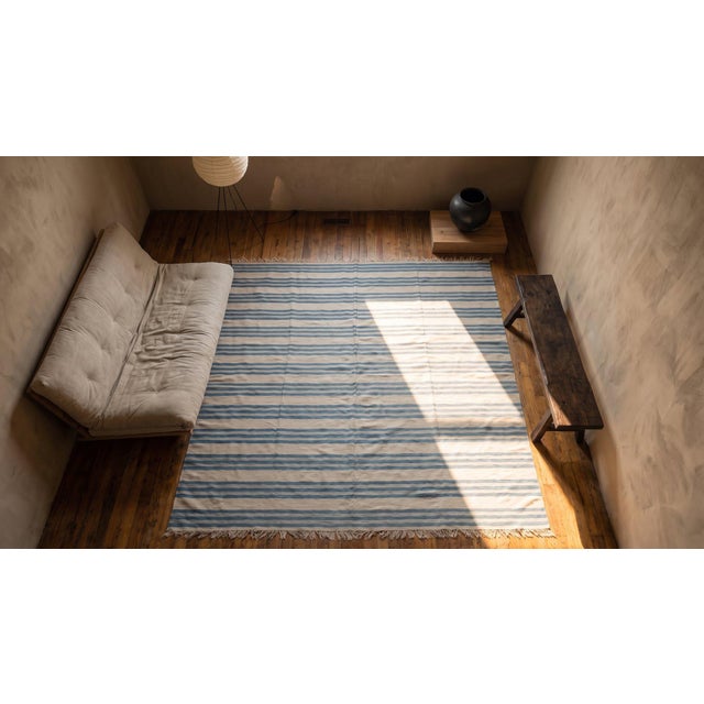 Striking Example of Minimalist With Multi Blue Stripe Dhurrie Style Antique Indian Cotton Rug For Sale - Image 14 of 14