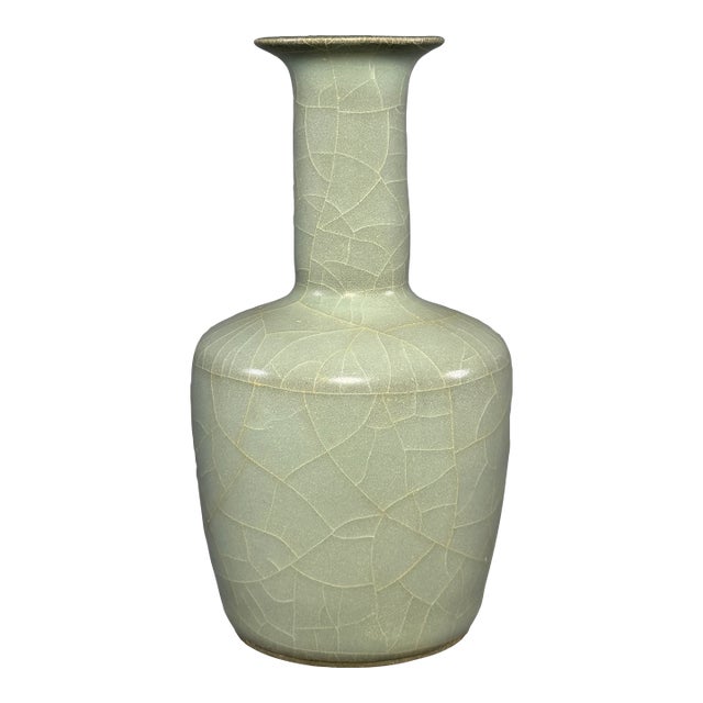 Antique Chinese Celadon Crackle‑Glaze Roll‑Neck Vase, Collectible Antique For Sale