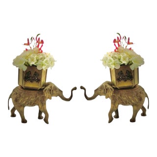 Late 20th Century Folk Art Heavy Brass Elephant Statue Pair, Indian, 8.5"h For Sale