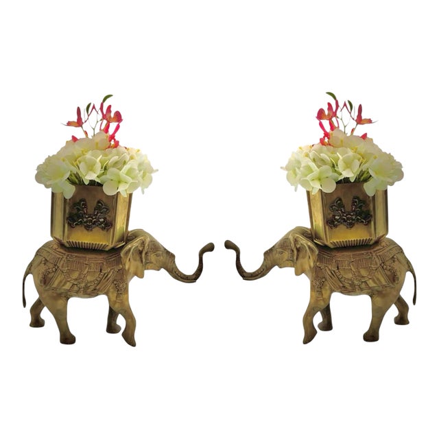 Late 20th Century Folk Art Heavy Brass Elephant Statue Pair, Indian, 8.5"h For Sale