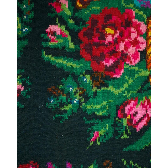 Extra-long vintage handwoven wool runner rug with a rich Eastern European folk floral composition—roses and bouquet...