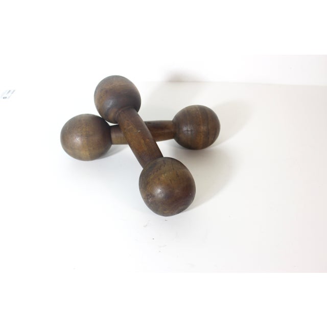 Brown Vintage Wood Hand Weights or Dumbbells Set of Two Sports Equipment Memorabilia Dumb Bells For Sale - Image 8 of 12