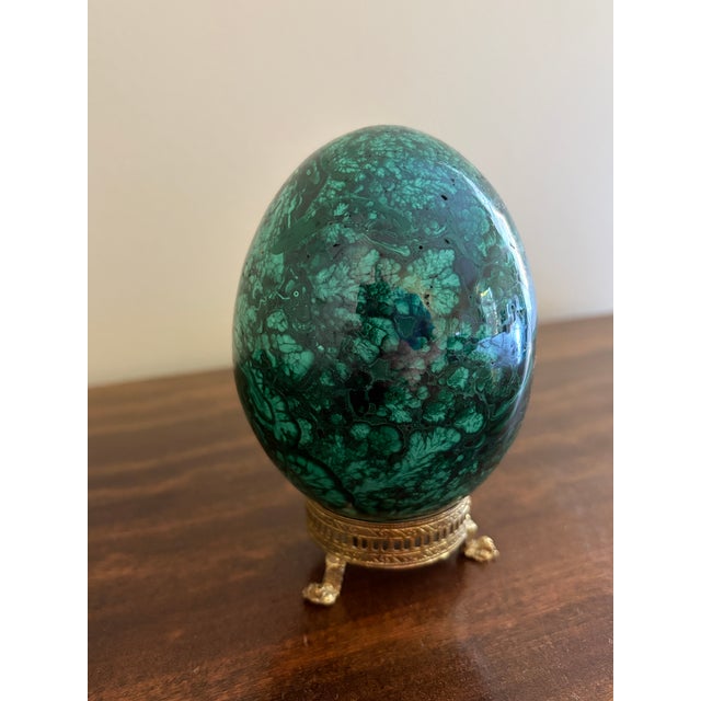 Neoclassical Large Solid Malachite Egg on Neoclassical Brass Stand With Paw Feet For Sale - Image 3 of 10