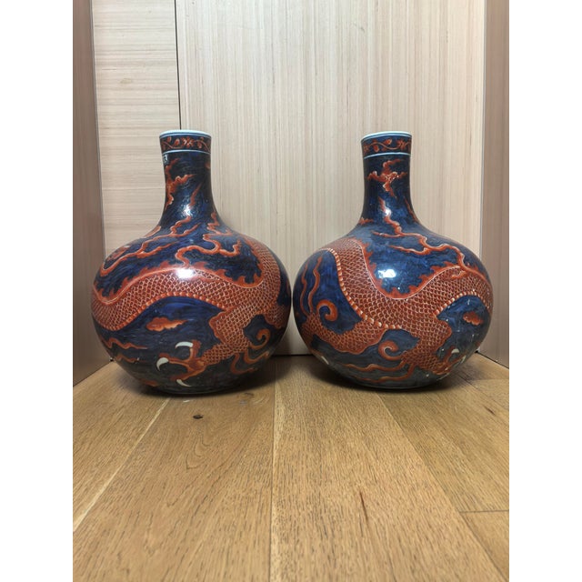 A Pair of Chinese Ceramic Vase Ming Dynasty Xuande Marked Blue Ground Famille Verte Porcelain Tianqiu Vase Hand Painted Dragon Pattern For Sale - Image 12 of 16