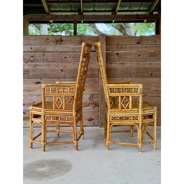 Brighton Pavilion Pair Vintage Brighton Pavilion Style High-Back Fretwork Bamboo Rattan Armchairs For Sale - Image 4 of 12