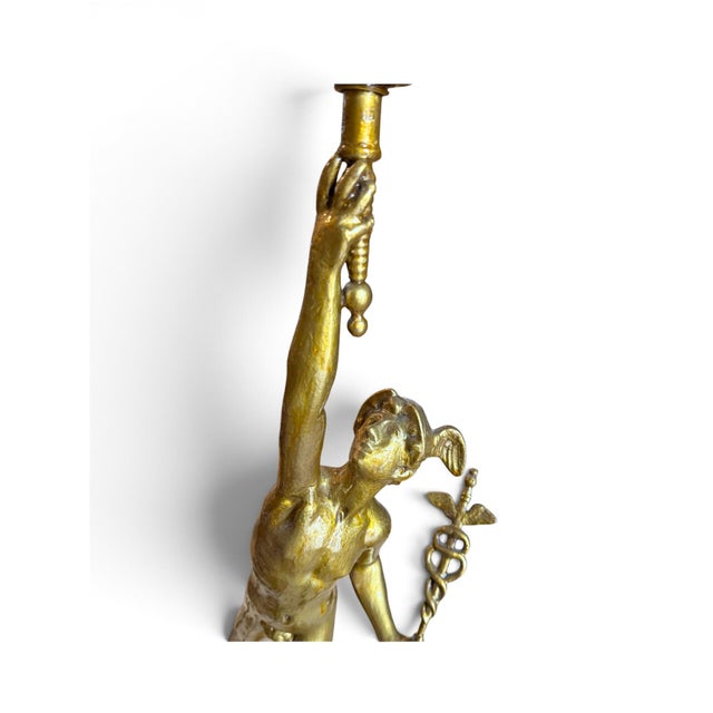 Fulvio Bianconi Style Murano Blue Art Neoclassical Gilt Mercury/Hermes Figural Newel Floor Lamp With Frosted Flame Shade For Sale In Miami - Image 6 of 7