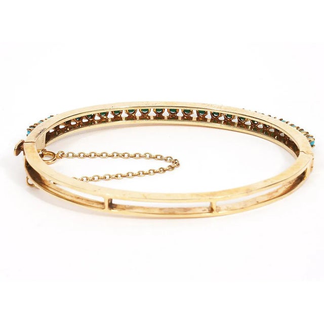 1950s 14k Turquoise Bangle Bracelet Yellow Gold Bead Vintage Opens Hinged For Sale - Image 4 of 11