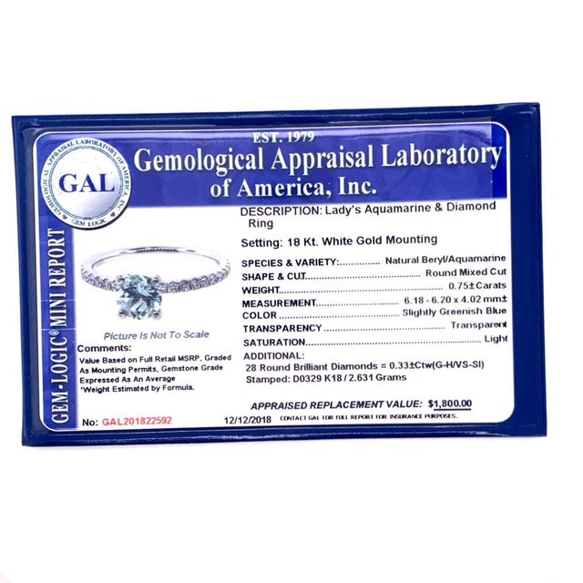 Diamond Aquamarine Ring 18k White Gold 1.08 TCW Certified, Size 6.5 For Sale In New York - Image 6 of 7
