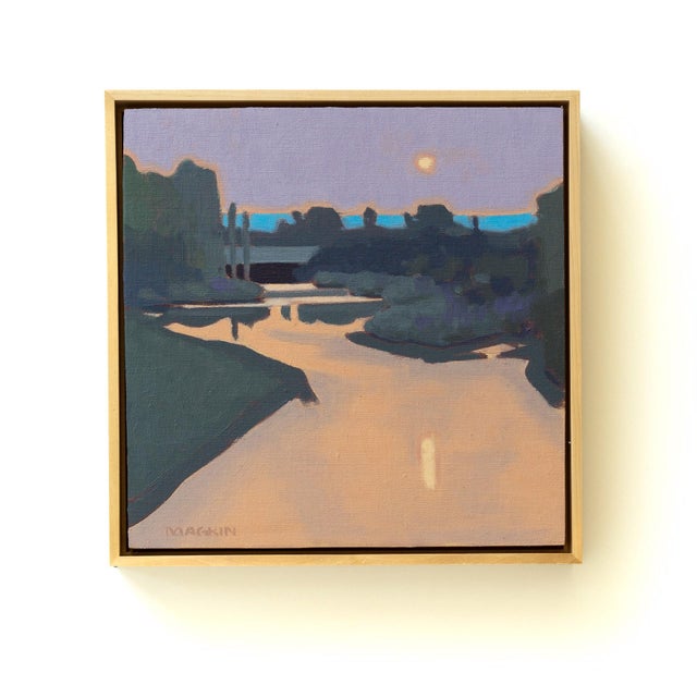 This painting captures a serene evening scene along the South Platte River, with a soft moonrise illuminating the water's...