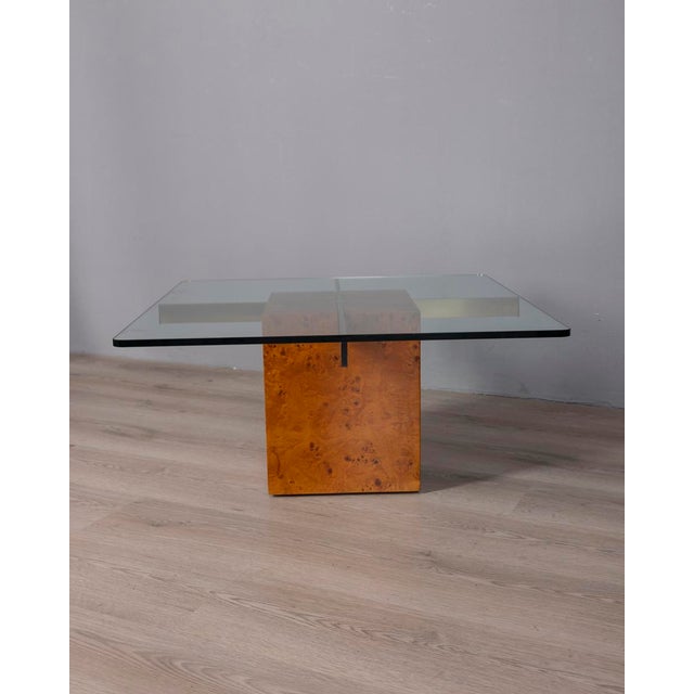 Coffee table with root base and gilded brass supports, transparent glass top, Italian design, 1970s.