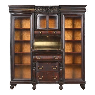 R. J. Horner Style Victorian Mahogany Glass Front Triple Bookcase With Drop Front Secretary Desk and Carved Lions, Circa 1890s For Sale