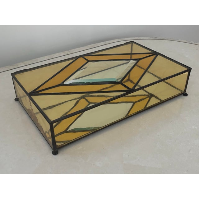 Yellow Vintage Art Deco Leaded Glass Footed Box With Mirrored Interior For Sale - Image 8 of 10