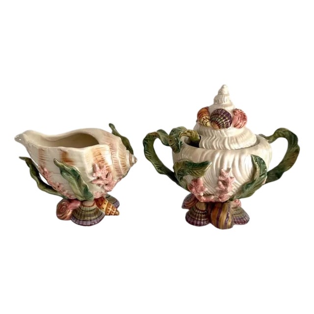 Fitz and Floyd "Oceana" Sugar and Creamer with Sugar Spoon For Sale
