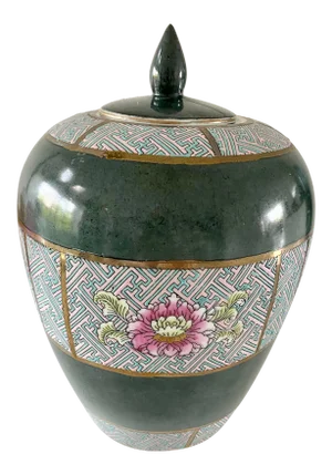 Vintage Mid 20th Century Large Chinoiserie Green Ginger Jar