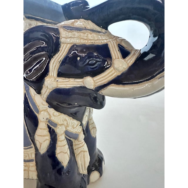 Hollywood Regency Mid Century Majolica Blue & White Elephant Garden Seat For Sale - Image 3 of 9