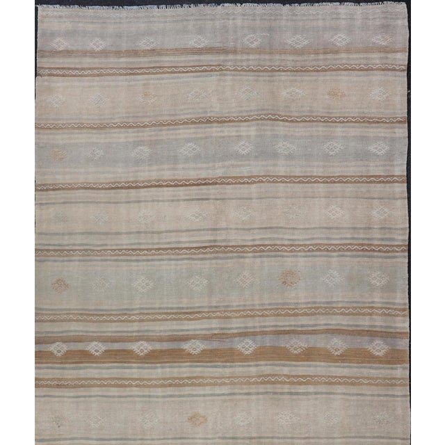 Vintage flat-weave Kilim with embroideries with a modern design in tan, brown, and blue geometric stripe design vintage...
