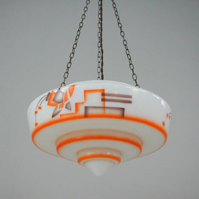 Metal German Art Deco Pendant Lamp in Enameled Glass and Brass, 1930s For Sale - Image 7 of 18