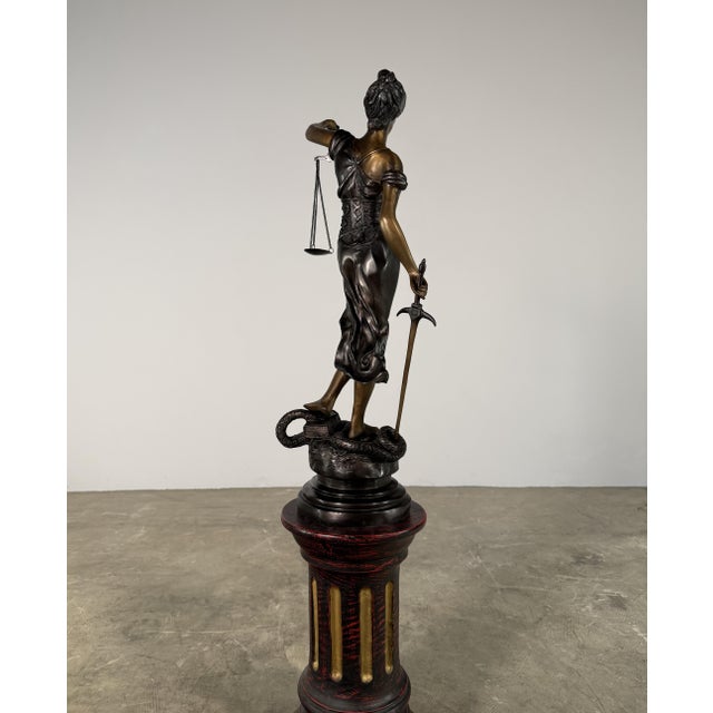 Bronze Lady Justice Sculpture – Blindfolded Justitia With Scales & Sword, 29” Tall For Sale - Image 11 of 13
