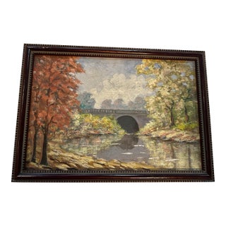 Autumn Foliage Landscape With a Stream and Bridge Oil on Board Painting For Sale
