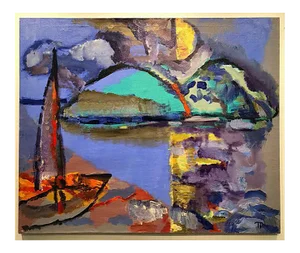 Sailing Boat, Abstract and Colorful, Oil Painting on Canvas, Sailboat, Blue Sky, 2012