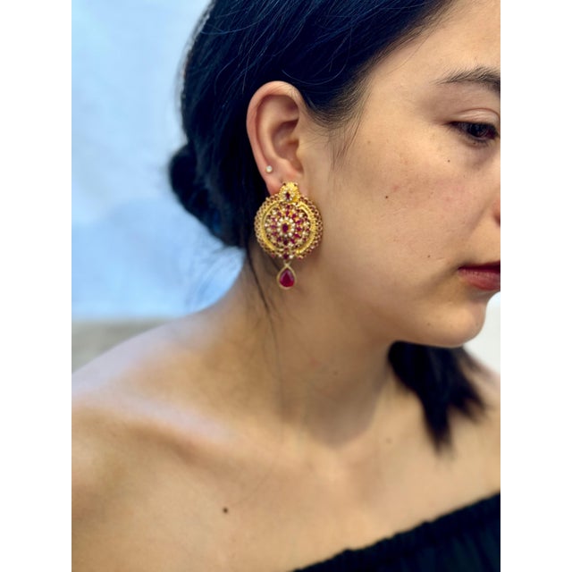 22 Karat Gold Ruby & Natural Pearl Yellow Gold Circle Stud Earring, Hanging Ruby For Sale - Image 12 of 18