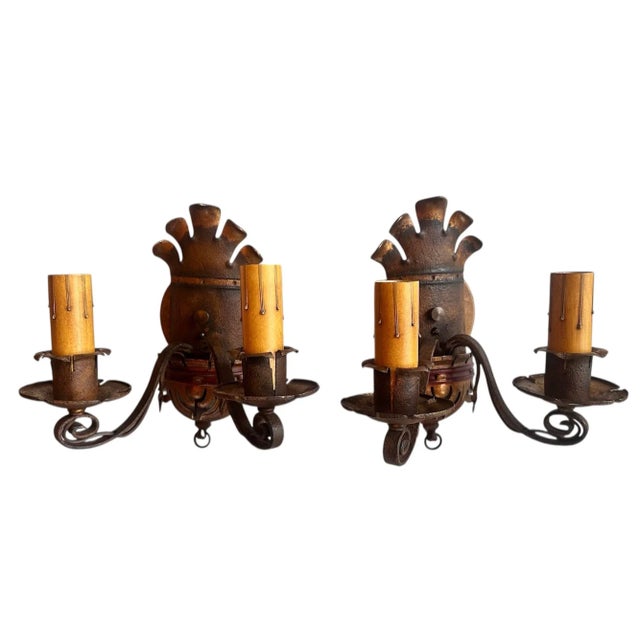 1910s Pair Brass and Iron Sconces in Original Old Paint Patina, Circa 1910 For Sale - Image 5 of 8