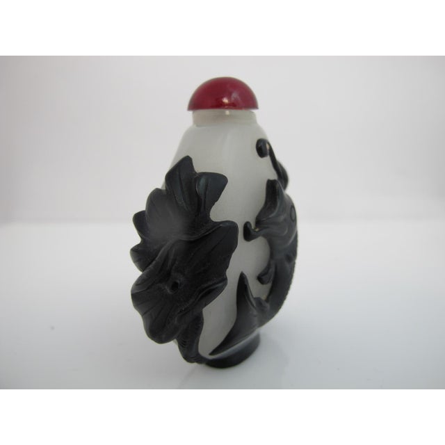 Chinese Chinese Carved Glass Koi Fish Overlay Snuff Bottle With Red Stopper For Sale - Image 3 of 8