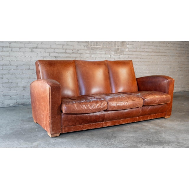 Art Deco Vintage Art Deco Cognac Leather Sofa For Sale - Image 3 of 16