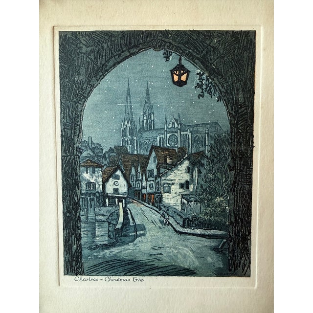 Blue 1930s Lucien Veder Aka Le Garf Hand Colored Etching of the Chartres Cathedral on Christmas Eve For Sale - Image 8 of 10