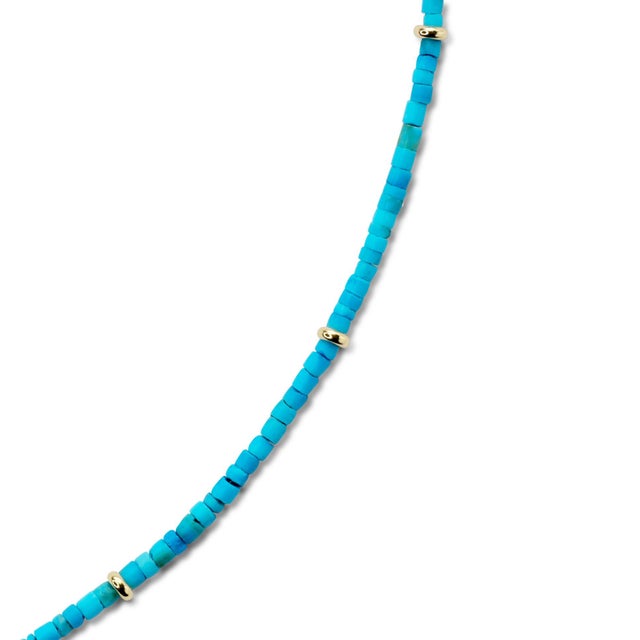 Modern Tiny Turquoise Tube Gold Station Necklace For Sale - Image 3 of 8