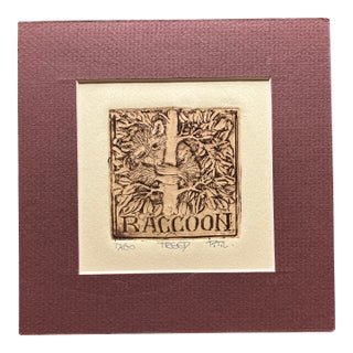1970s Original Colored Etching Print Raccoon Signed For Sale