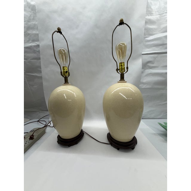 Asian Mid 20th Century Asian Cream Crackle Glaze Ovoid Ceramic Table Lamps - A Pair For Sale - Image 3 of 9