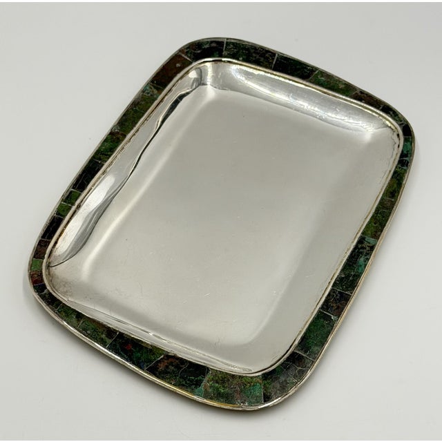 Los Castillo Mid 20th Century Los Castillo Taxco Azurite & Lapis Inlaid Silver Plated Tray, Mexican Modernist For Sale - Image 4 of 18