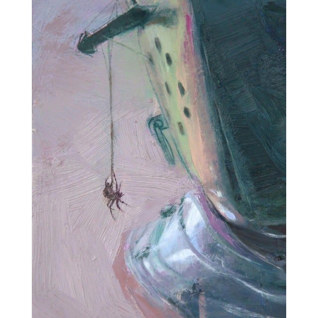Forever Companion by Elena Burykina | Oil on panel Painting of a knight's helmet with a spider. For Sale - Image 4 of 5