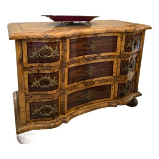 1990s Grand French Bombe Chest of Drawers With Burl Wood Finish, Gold Leaf & Bronze Hardware For Sale