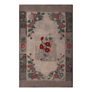 1930s Gray Floral Folk Art Antique American Hooked Rug 3 X 4'9" Handknotted Wool Carpet