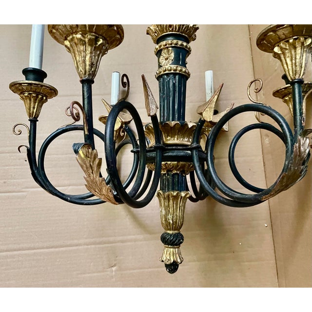 Mid 20th Century Mid 20th Century Neoclassic Arrow Italian Hand Carved Black Gold Painted Wood 6 Light Chandelier For Sale - Image 5 of 12