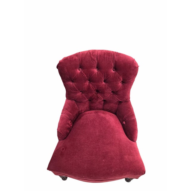 Wood Late 19th Century French Napoleon III Button-Tufted Lounge Chair & Ottoman in Original Red Velvet For Sale - Image 7 of 12
