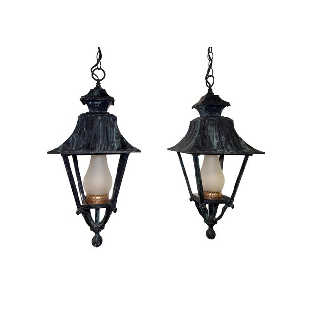English Mid 20th Century Pair of English Style Verdigris Lantern Chandeliers For Sale - Image 3 of 8