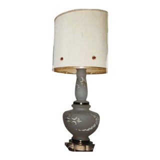 Vintage Frosted Glass Table Lamp With Floral Motif and Ornate Metal Base – 3 Ft Tall For Sale