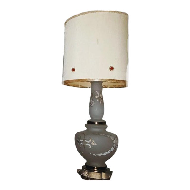 Vintage Frosted Glass Table Lamp With Floral Motif and Ornate Metal Base – 3 Ft Tall For Sale